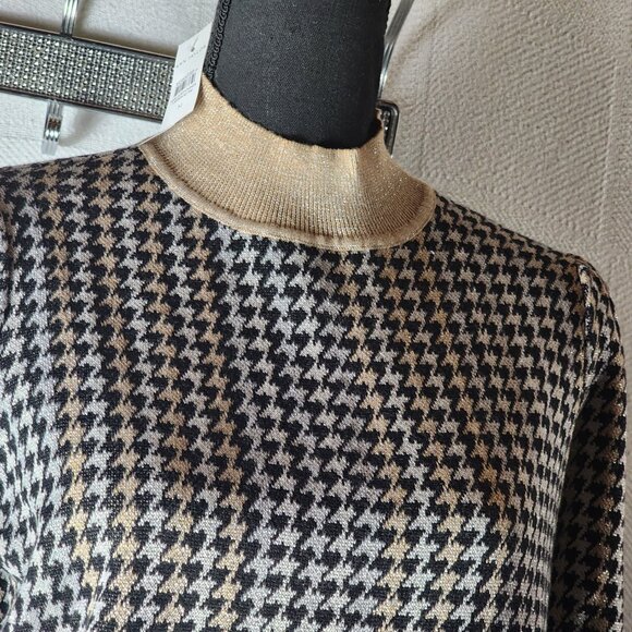 Ann Taylor Black Tan Metallic Houndstooth Mock Neck Cotton Poly Modal Sweater M - Picture 6 of 16